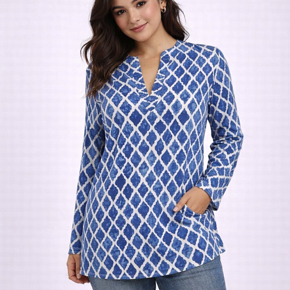 Vineyard Vines Medallion Tunic Top Small Blue White Long Sleeve Cotton